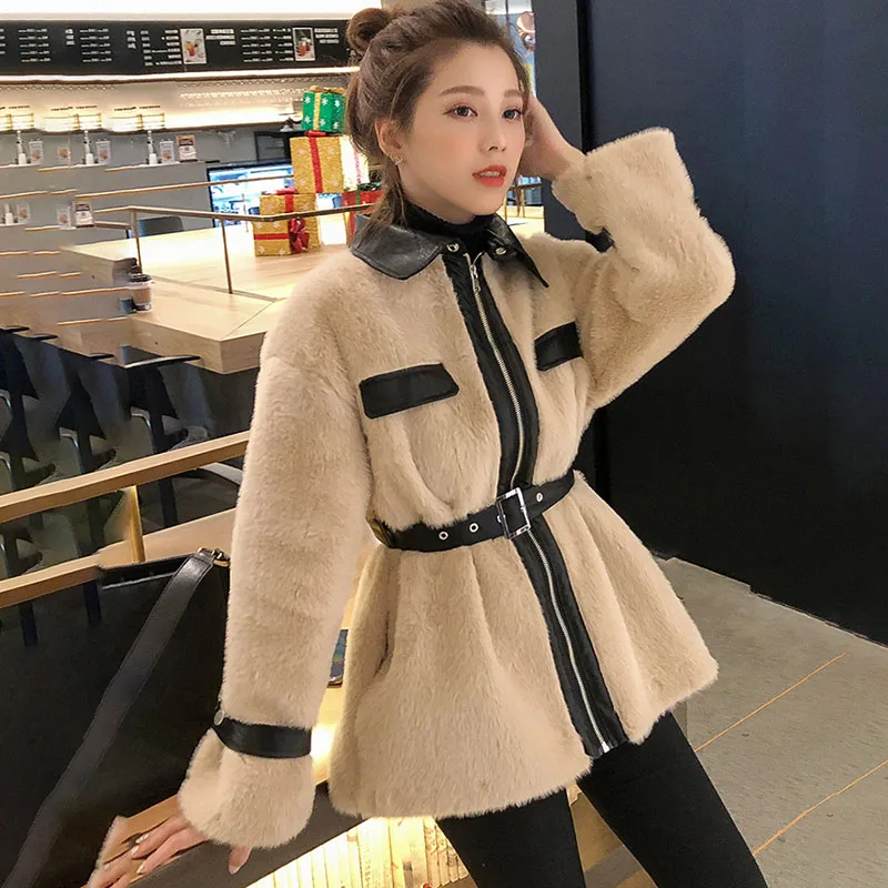 New Faux Mink Fur Parka 2019 Spring Women Office Coat Velvet Stitching Plush Pu Leather Jacket Slim Fit Belt Overcoat Best Pj347