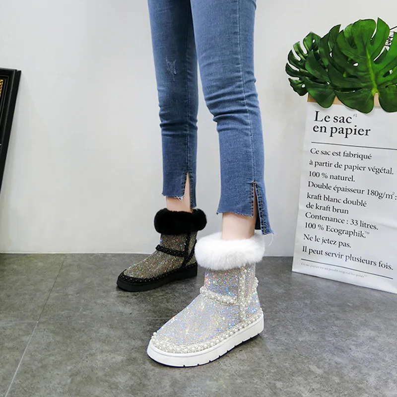 Женские ботинки с мехом лисы RUIYEE зимние из овчины и воловьей кожи 2018|Зимние