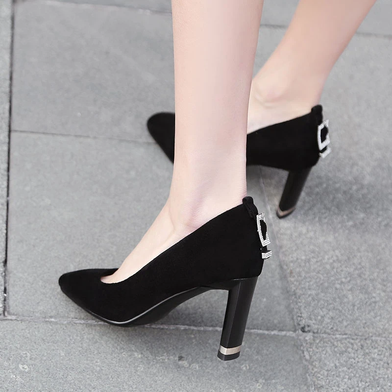 

SIMLOVEYO Women shoes High heels Ladies pumps Pointed toe Square heel Flock Rhinestone Shallow Slip on Spring summer shoes A1759