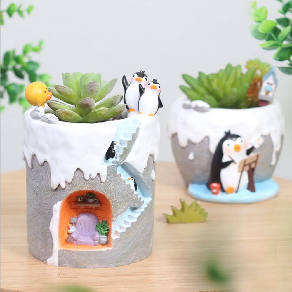 Cute Cartoon Antarctic Penguins Series Resin Planters Gardening Pots for Cactus Succulent Flower Home Decoration Pen Holder | Дом и сад