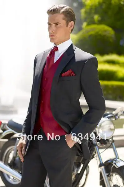 Black jacket trousers / red vest and 