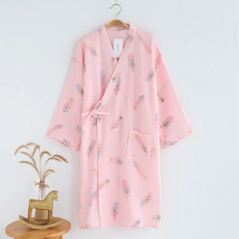 

New Women's Crepe Cotton Bath Robe Three Quarter Womens Robes Sleepwear Cartoon Feather Print Dressing Gown Pink Night Robe