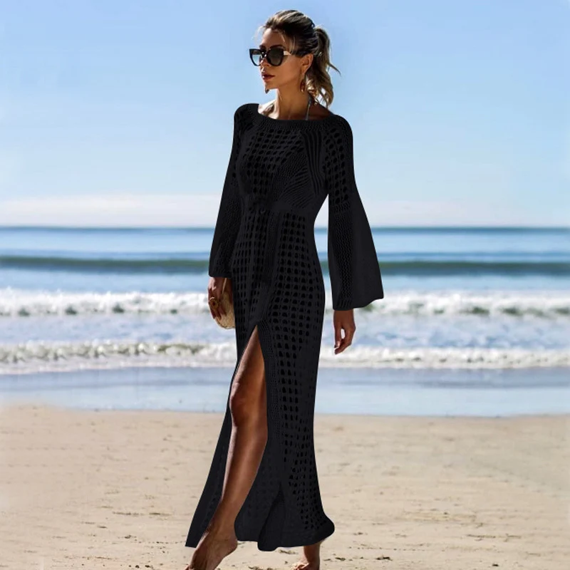 

Newly Women Dress Solid Color Hollow Design Knitted Long Dress for Beach Bathing m99