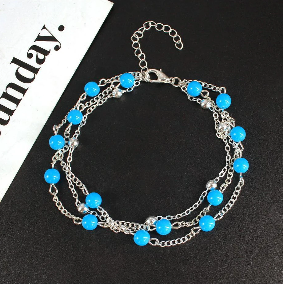 Многослойный ножной браслет синий пластиковый шарик с металлической цепочкой и