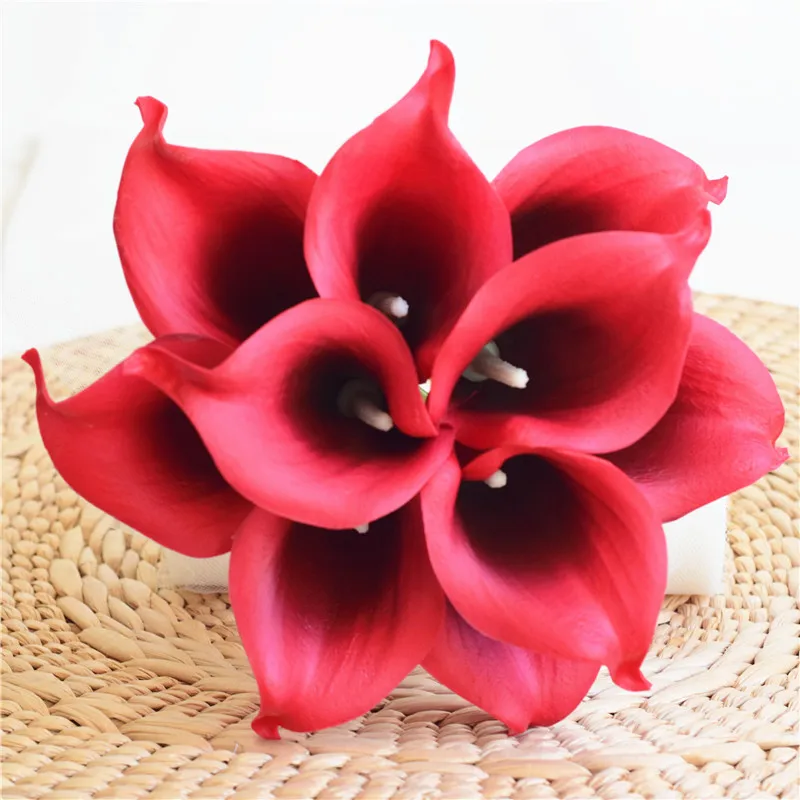 

10 Red Black Calla Lilies Real Touch Flowers artificial flowers For Silk Wedding Bouquets, Centerpieces, Wedding Decorations