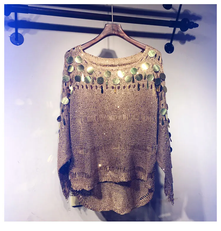 Cakucool Women Spring Knit Pullover Shirt Hollow Out O-neck Long Batwing Sleeve Sweaters Sequins Bling Loose Thin Top Feminino | Женская