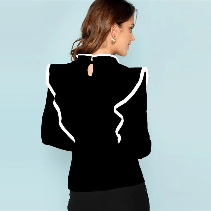 Dotfashion облегающая футболка с оборками, облегающая футболка с длинным рукавом, женская элегантная Осенняя футболка с воротником-стойкой, топы в Корейском стиле, новая футболка