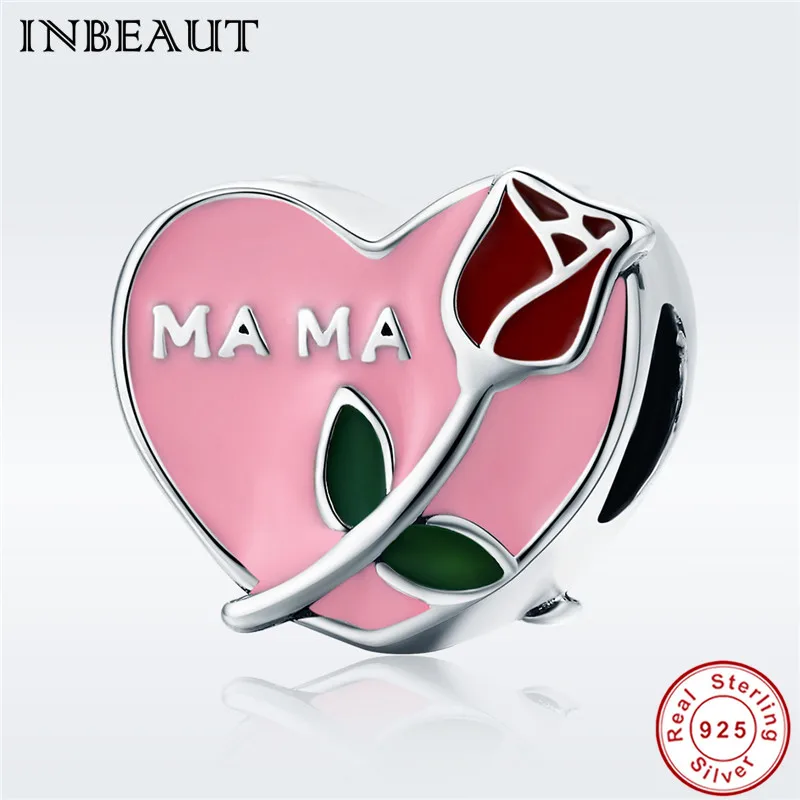 INBEAUT 100% Серебро 925 пробы розовое эмалированное сердце любовь мама роза подвески