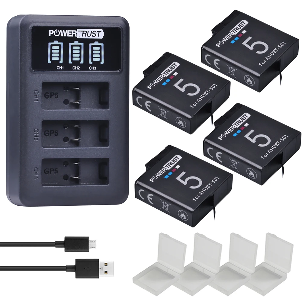 Powertrust для Gopro5 Gopro 8 AHDBT-501 батарея+ светодиодный USB 3 слота зарядное устройство с портом type C для камеры Gopro hero 5 hero 6 Gopro7