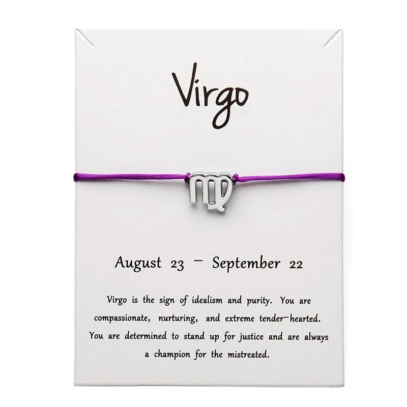 purple Silver Virgo Белая карта Модные украшения 12 созвездий Зодиака Дева счастливая веревка браслет браслеты для женщин аксессуары - Окраска металла: purple Silver Virgo