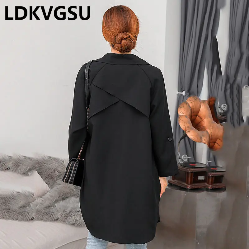 

Women Long Windbreaker Korean Loose Large Size Spring Autumn 2019 New Fashion Lapel Red Black Female Casual Cardigan Is1643