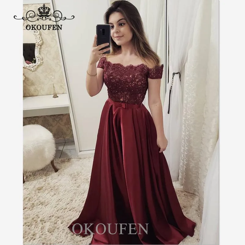 2019 платья с открытым плечом длинный кружевной топ и атласная юбка А Силуэт корсет