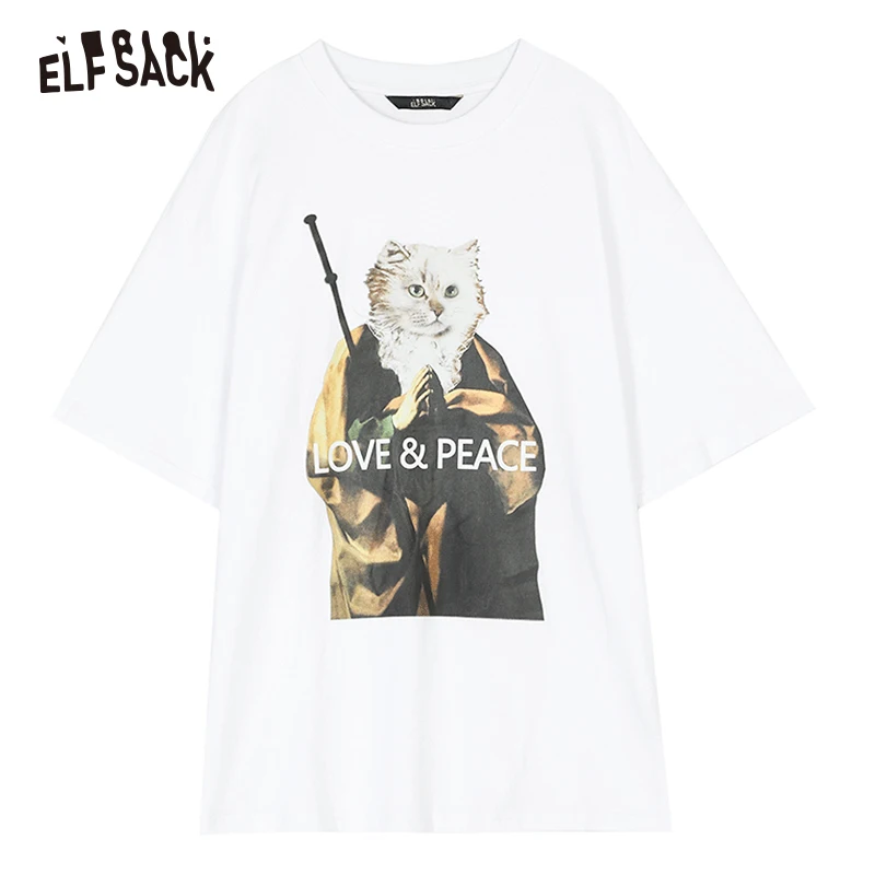 White Женские летние футболки ELF SACK, белые хлопковые свободные футболки с круглым вырезом, с мультяшным принтом, летние повседневные базовые футболки - Цвет: White