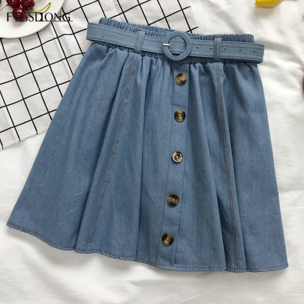 Женская джинсовая юбка с высокой талией FTGSDLONG синяя на пуговицах Повседневная