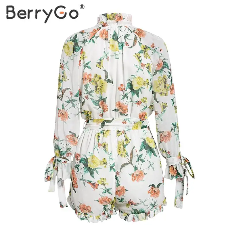 BerryGo Boho Цветочный Принт Женский Игровой костюм Кружевной рюшами Летний Пляжный