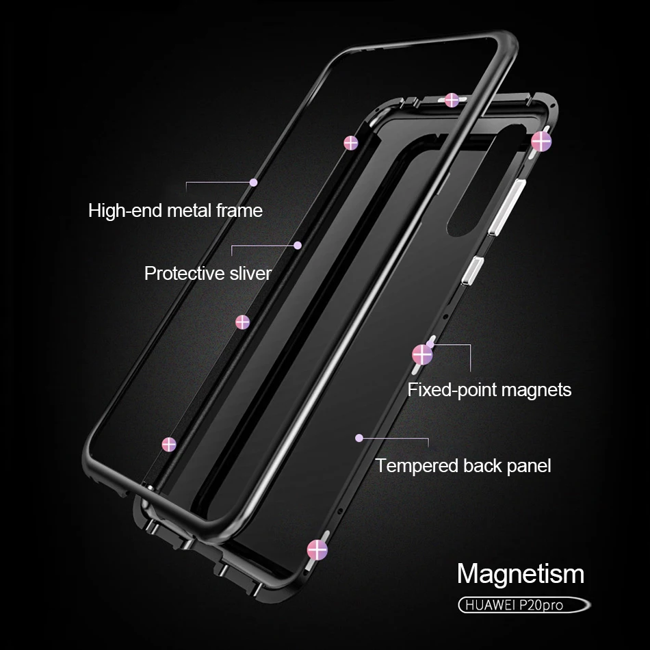 Marjay For Huawei P20 Pro Magneto Case Luxury Aluminum Metal Tempered Glass Back Cover Magnetic Adsorption Closure Fundas Coque | Мобильные