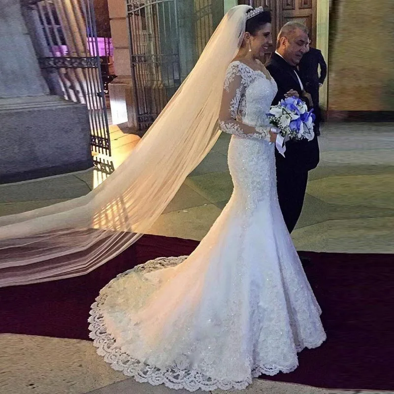 Стиль Свадебные платья с аппликацией gelinlik vestido de noiva robe de Mariage свадебное платье в стиле "Русалка" с длинным рукавом с бисером