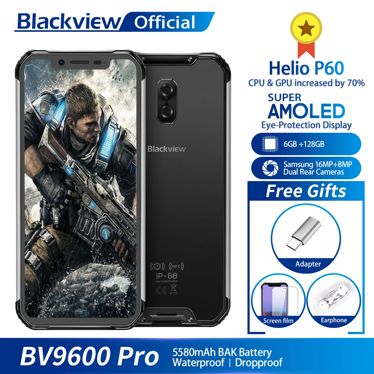 Blackview BV9600 Pro Helio P60 Android 8,1 6 ГБ+ 128 ГБ мобильный телефон с водонепроницаемым корпусом IP68 6,2" 19:9 FHD AMOLED 5580 мАч NFC Смартфон
