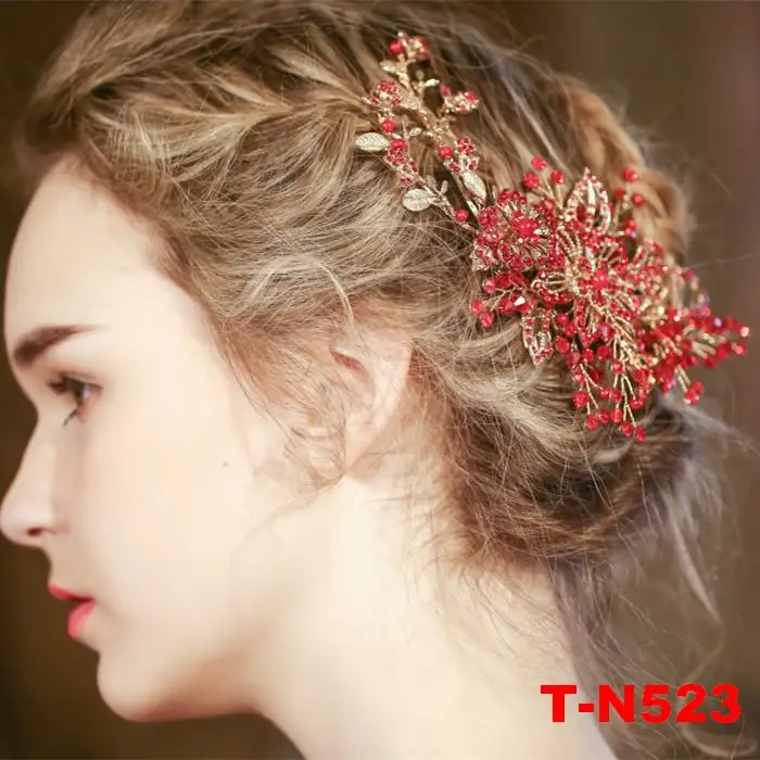 Европейский Дизайн красный Цветочные Свадебные аксессуары для волос кристалл