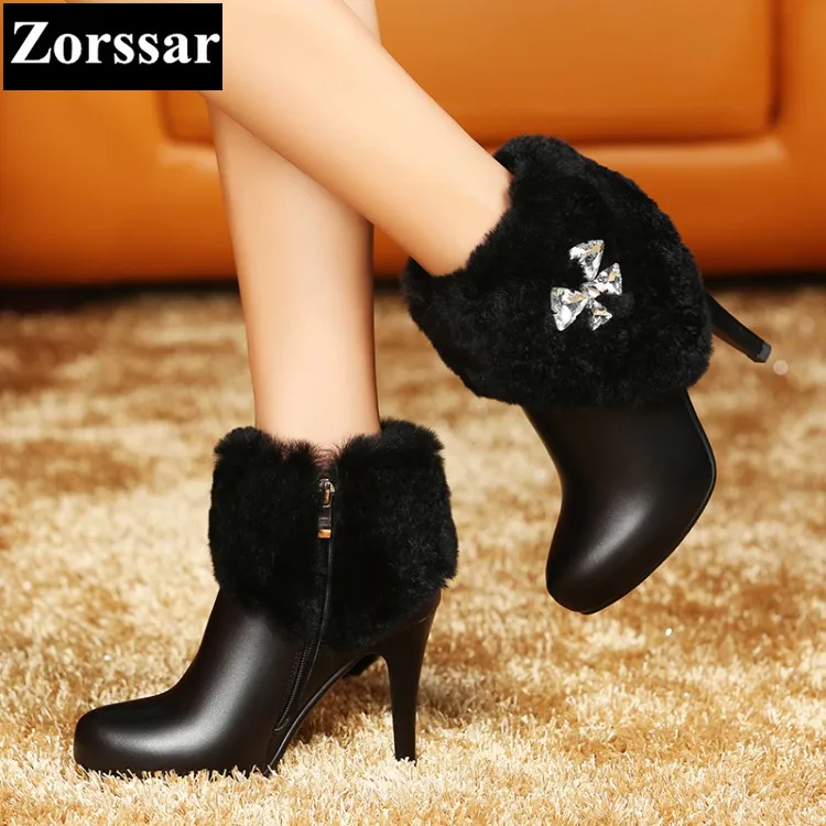 

{Zorssar} 2017 new Luxury brand ladies shoes Fashion Rabbit hair pointed Toe High heels ankle boots winter womens snow boots