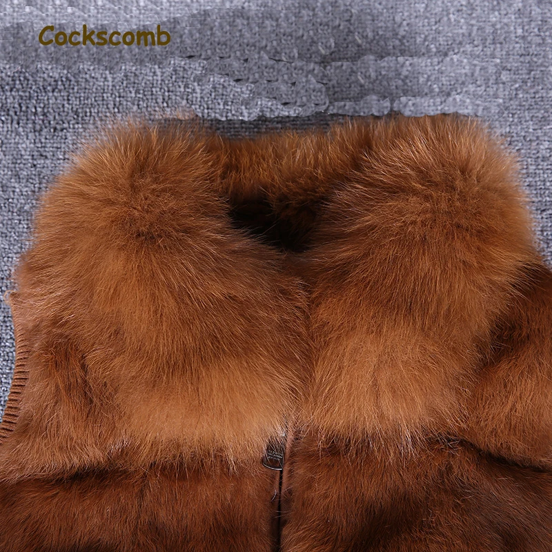 

Cockscomb Brand 2019 New Genuine Fox Fur Collar Women's Natural Rabbit Fur Vests Waistcoats Women Slim Sleeveless Fur Jacket