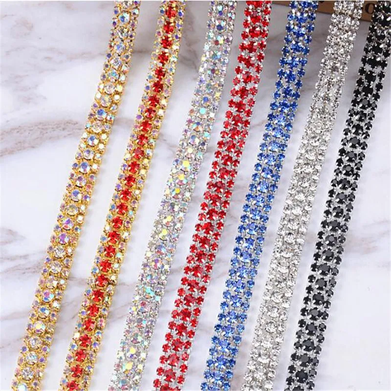 3Yard Free-shipping 3Rows 1cm Clear AB Blue Gold Rhinestone Crystal Silver Tone Chain Costume Applique Trims Sewing RT0110 | Дом и сад
