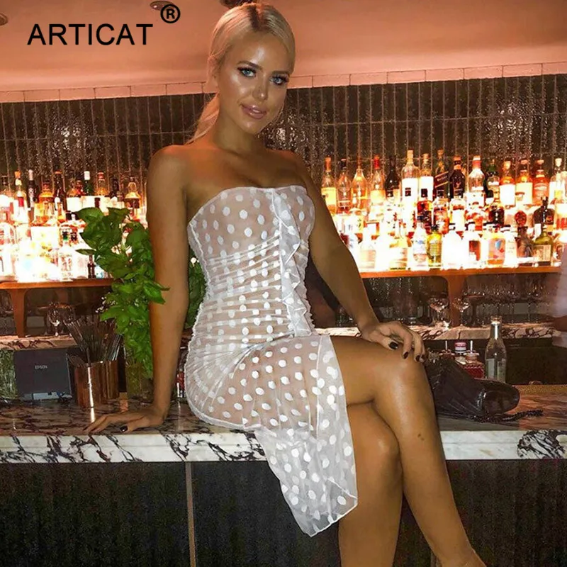 Articat, в горошек, кружевное, с рюшами, сексуальное летнее платье для женщин, с открытыми плечами, с разрезом, облегающее, праздничное платье, пляжная одежда, повседневные платья для вечеринок