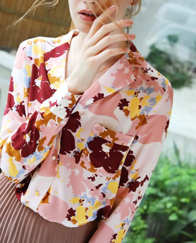 Elfbop шелк 100% Винтаж с цветочным принтом зубчатый рубашка длинными рукавами топ