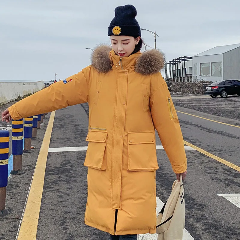 25 градусов, зимняя куртка X-long parkas, пальто для женщин, утолщенная, теплая, большой меховой воротник, куртка, пальто, повседневная женская зимняя верхняя одежда из синтепона, парки - Цвет: Цвет: желтый