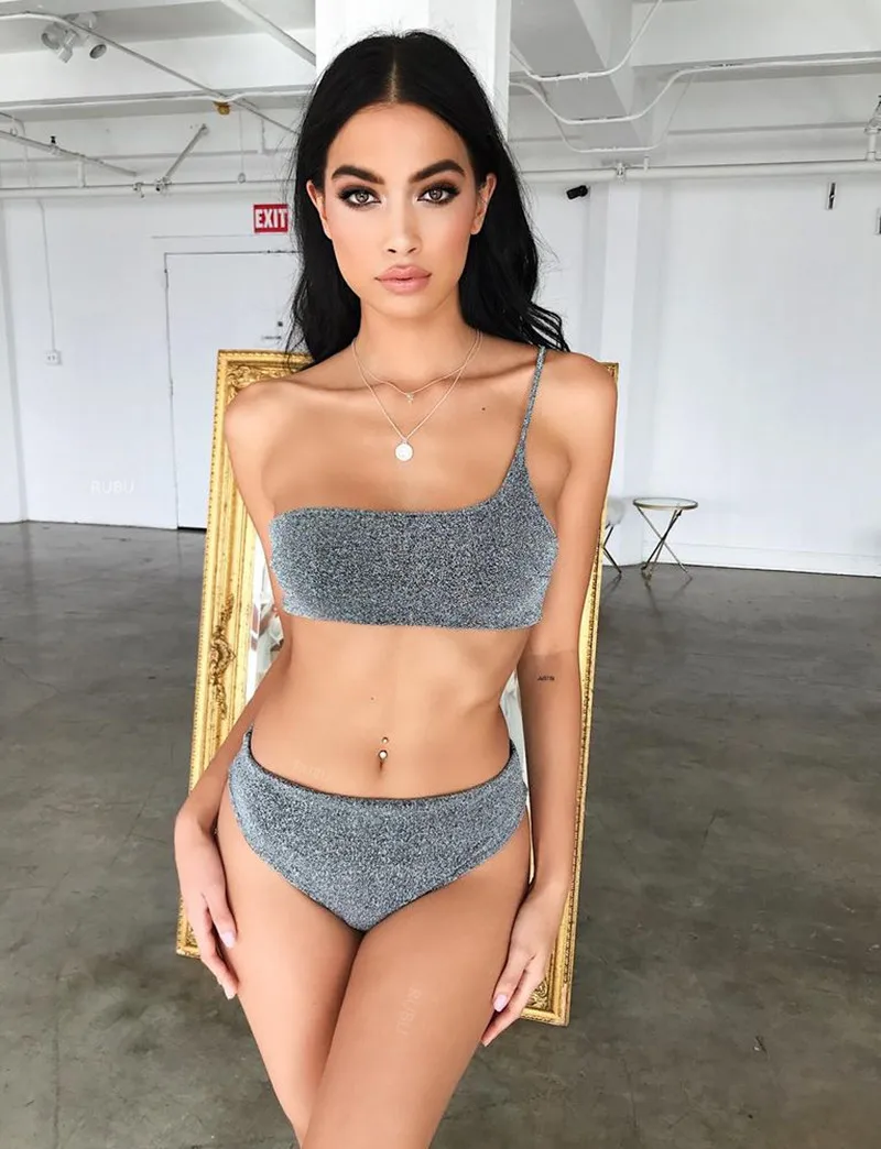 Женский купальный костюм бикини сексуальный блестящий купальник на одно плечо