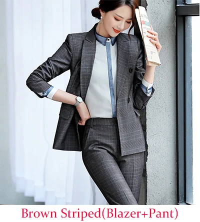 Brown Pant Suits 2 Женские полосатые костюмы высокого качества, рабочие брючные костюмы, офисные женские деловые костюмы, жилет, блейзер и брюки, комплект из 3 предметов - Цвет: Brown Pant Suits 2