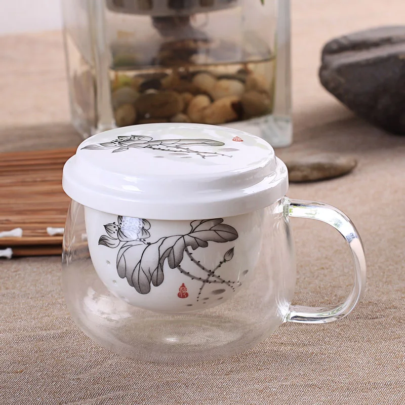 Creative Flower Chinese Tea Set Double Wall Glass Cups with Bone China Insulation Infuser and Lid Clear 300-400ml | Дом и сад