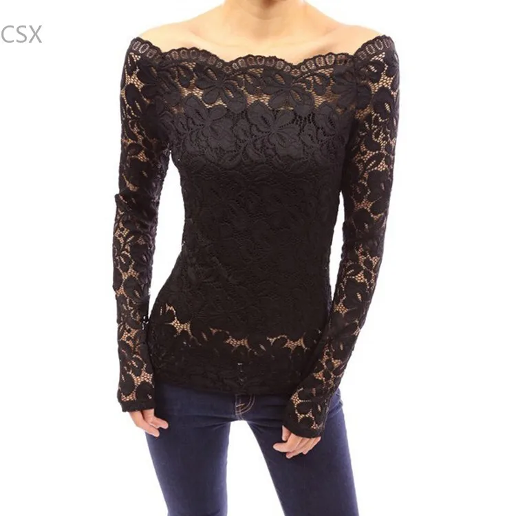 

Blusas Autumn Sexy Women Off Shoulder Slash Neck Lace Crochet Solid Shirts Long Sleeve Slim Casual Basic Tops Blouses 63