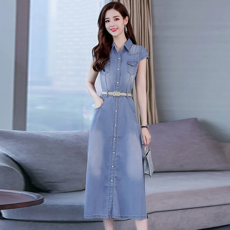 Летнее платье длинные женские джинсовые платья сарафаны дамское Повседневное