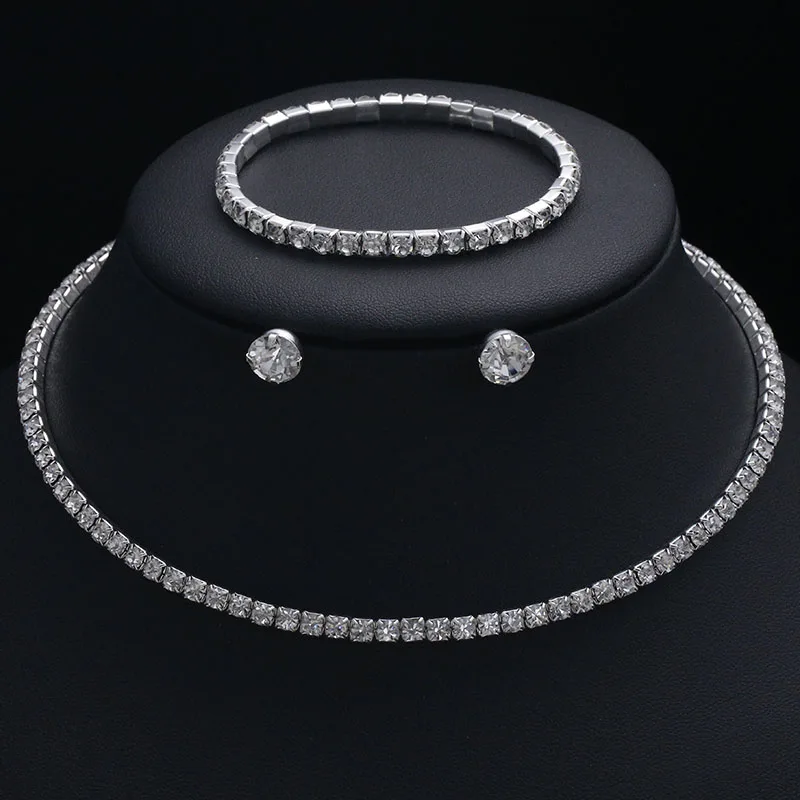 1 row rhinestone Модные свадебные ювелирные наборы, сверкающие стразы, кристалл, круг, колье, ожерелье, Brcaelet, серьги, набор, женские свадебные ювелирные наборы - Окраска металла: 1 row rhinestone