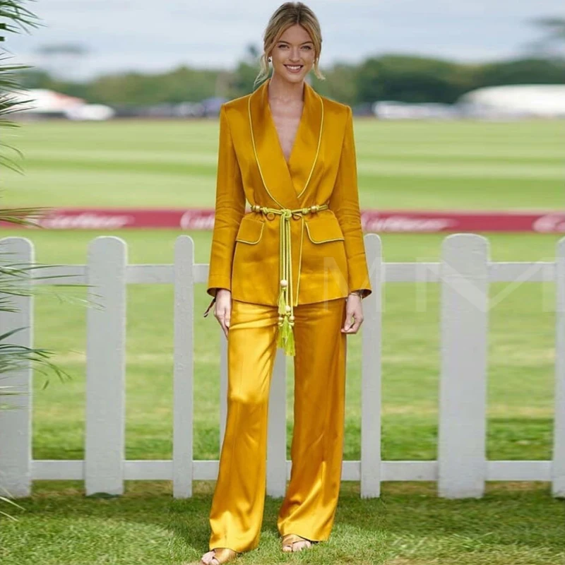 Brand 2019 Office Lady Elegant Yellow Pants Set Women Suit Double Breasted Blazer Coat + Loose Wide Leg Pant 2 Pieces Set Y246