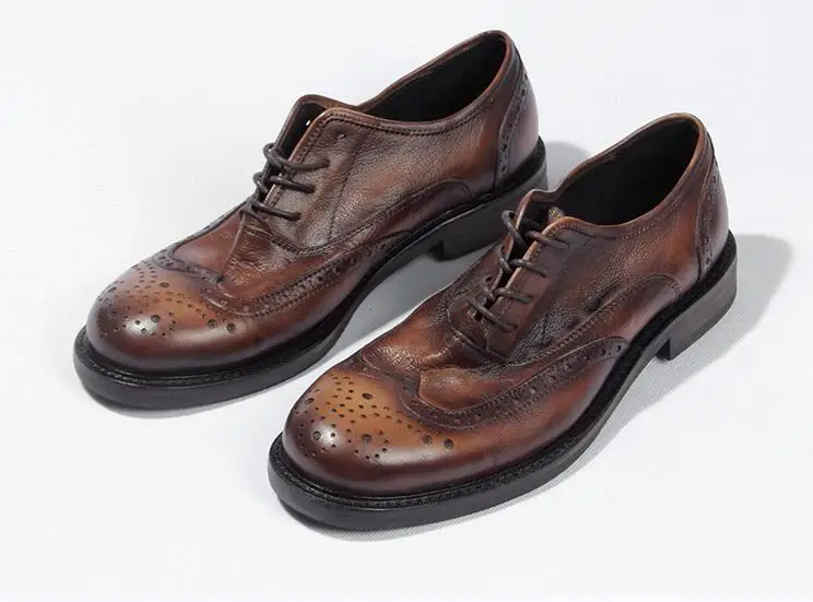 Dress Shoes Men Lace Up Genuine Leather Smart Casual Carved Brogue shoes Handmade Luxury Platform Height Increasing | Обувь