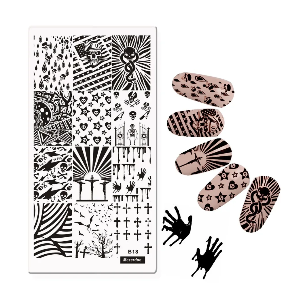 Ужасный Череп наклейки для ногтей штамповочный шаблон кровавый крест узор