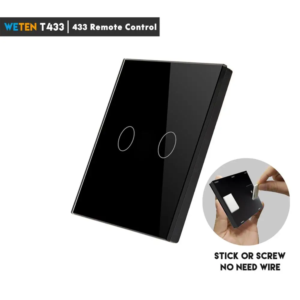 T433-Black 2Gang Умный Wifi переключатель, сенсорный светильник, переключатель, приложение 433, РЧ Голосовое управление, поддержка Alexa Google Home 1 2 3 банды, ЕС, Великобритания, 220 В, черное стекло, переключатель - Цвет: T433-Black 2Gang