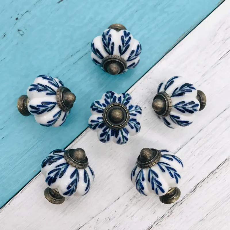 6pcs Furniture Handware 34mm Blue and White Hand Painted Pumpkin Ceramic knobs pulls for Cupboard Cabinet Door Drawer Knobs |