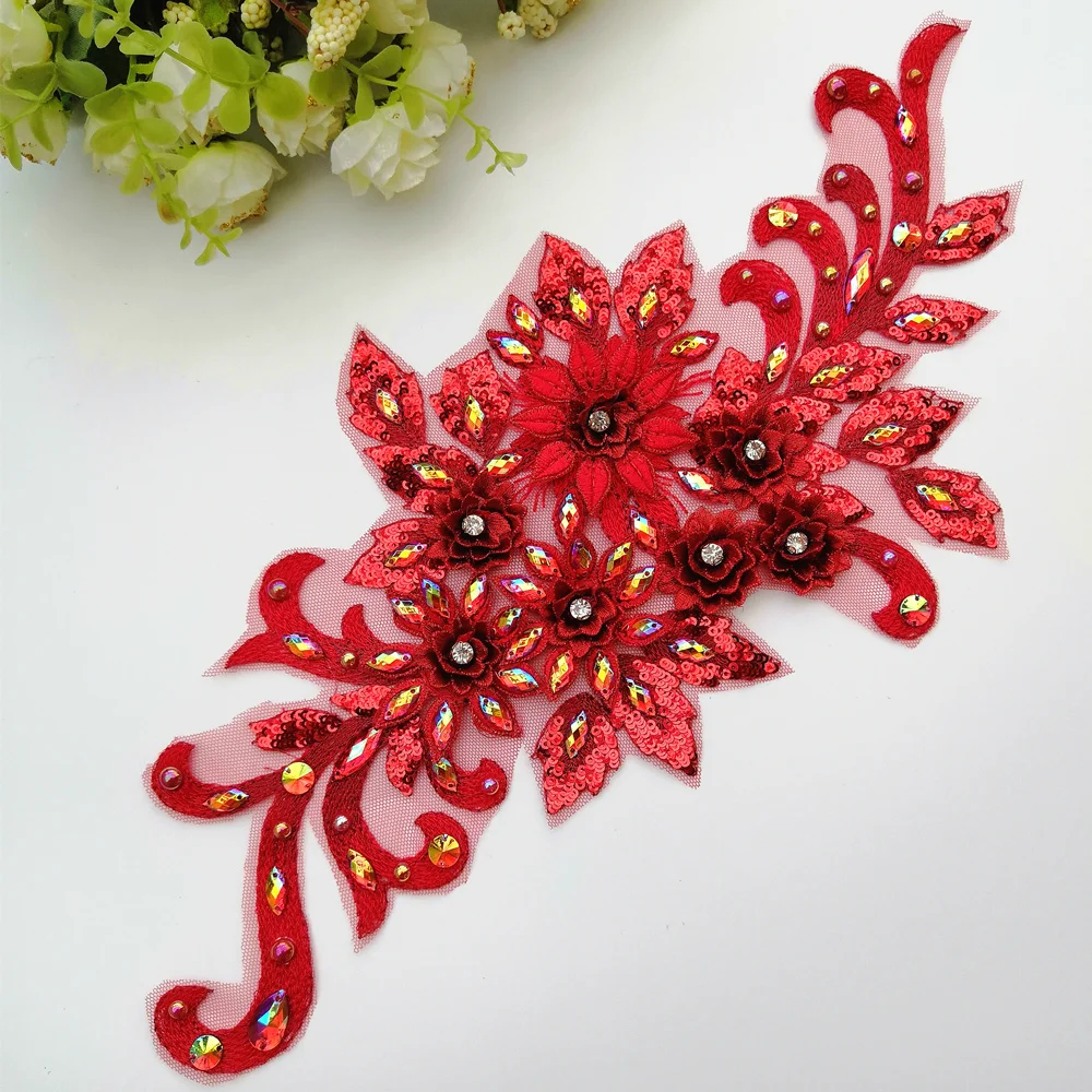 

3Pcs RED Clothes Clothing Costumes Lace Patches Appliques Sew on Stones Rhinestone Sewing for Headwear Wedding Bags Decorations