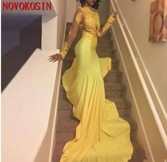 

2019 Pretty Yellow African Lace Appliqued South African Prom Dress Mermaid Long Sleeve Banquet Evening Party Gown Custom Made