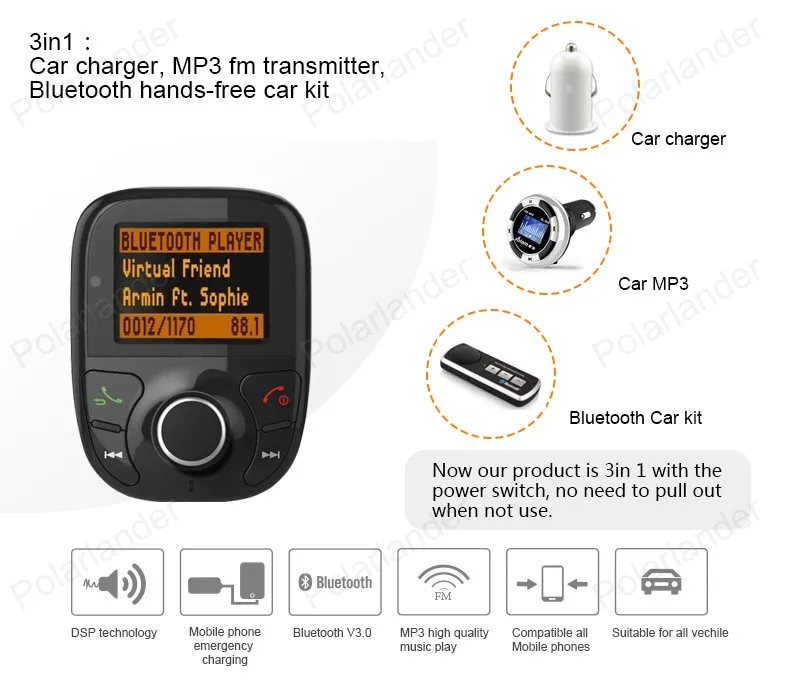 Автомобильный комплект громкой связи Bluetooth MP3 плеер AUX Громкая связь FM-передатчик