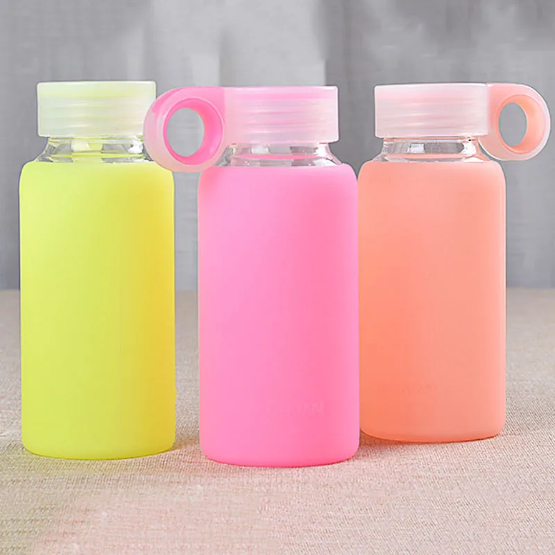 Цветная Милая стеклянная бутылка для воды с силиконовым чехлом и ручкой