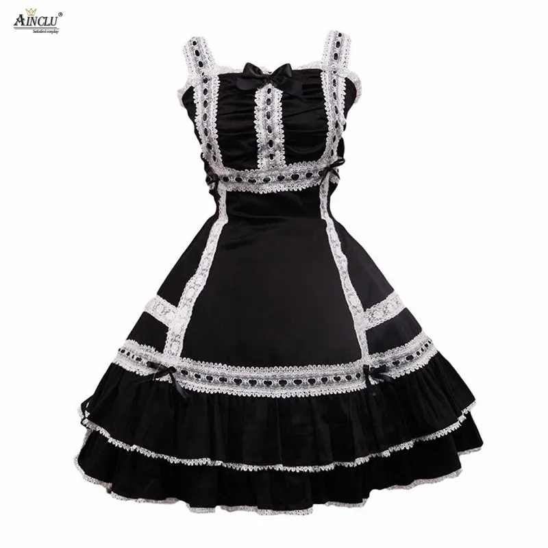 Middle-Long Dress Womens Cotton Black Sleeveless Lace Classic A-line Lolita Dress With White lacy/Bow Casual Bubble Lolita Dress
