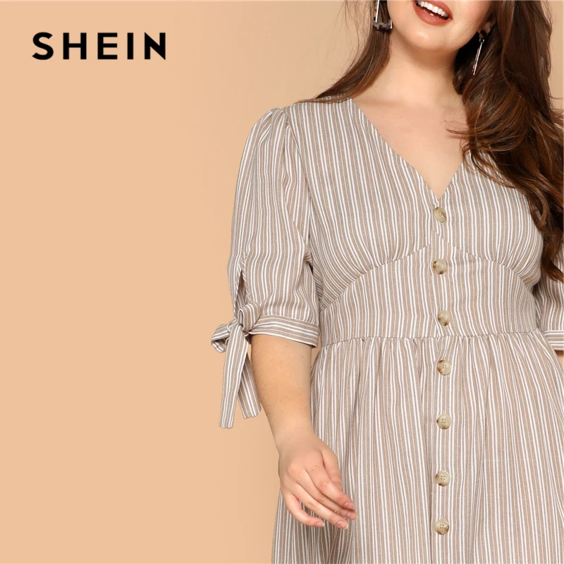 SHEIN, платье в полоску с разноцветными узелками, пуговицами, размера плюс,, женское летнее платье в стиле бохо, v-образный вырез, половина рукава, хлопок, длинное платье