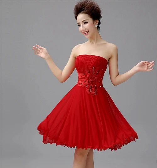 Elegant Sequin Flower Strapless Red 