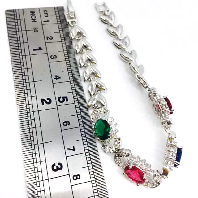 

Precious Multicolor White color Sterling Silver Overlay Link Chain Bracelet 8 inch 18cm Free Shipping