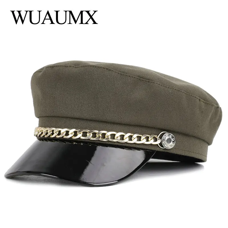 Wuaumx, модные весенние военные шапки для женщин, плоская верхняя армейская Кепка, облегающая женская темно-синяя кепка из искусственной кожи, Кепка с козырьком, восьмиугольная кепка
