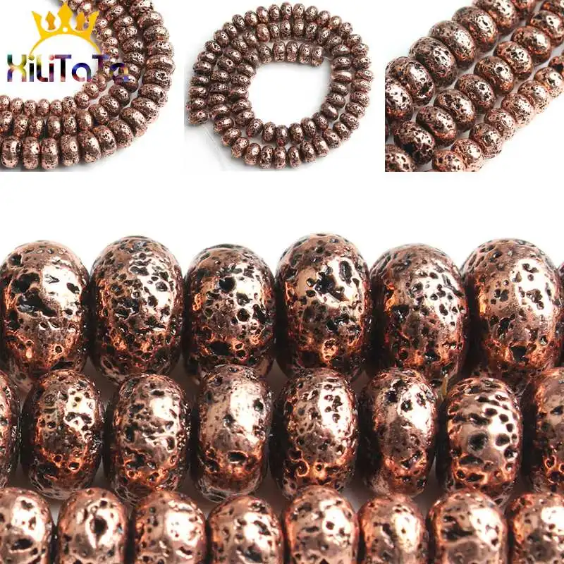 Плоские бусины из натуральной красной меди и лавового камня круглые Rondell